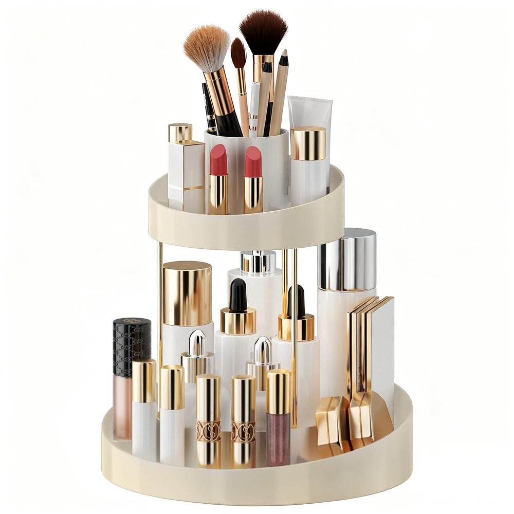 2 tier Makeup Organizer Countertop,360 Rotating Makeup Organizer for Skincare, Lipstick and Perfumes,Multi-function Cosmetic Display Cases for Vanity,Bathroom,White