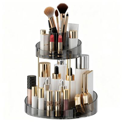 2 tier Makeup Organizer Countertop,360 Rotating Makeup Organizer for Skincare, Lipstick and Perfumes,Multi-function Cosmetic Display Cases for Vanity,Bathroom,Grey