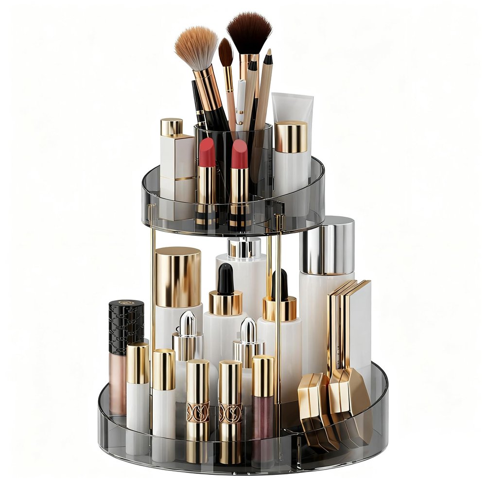 2 tier Makeup Organizer Countertop,360 Rotating Makeup Organizer for Skincare, Lipstick and Perfumes,Multi-function Cosmetic Display Cases for Vanity,Bathroom,Grey