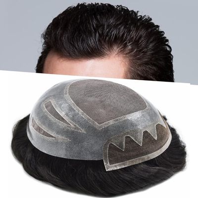 PUNRU HAIR Mens Hairpiece French Lace Front Toupee for Men Fine Mono Mens Toupee Human Hair Replacement System #720 7# VERY LIGHT BROWN WITH 20% SYNTHETIC GREY