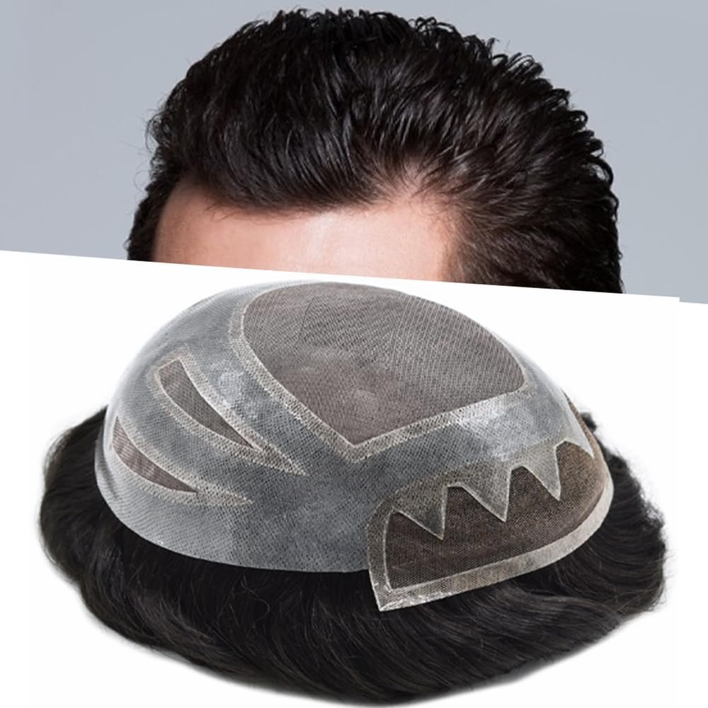 PUNRU HAIR Mens Hairpiece French Lace Front Toupee for Men Fine Mono Mens Toupee Human Hair Replacement System #720 7# VERY LIGHT BROWN WITH 20% SYNTHETIC GREY