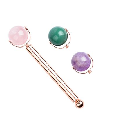 COOLHIYA Natural Jade Face Roller Massager with Replacement Roll Beads and Roller Bar Lightweight Skin Care Massage Tool for Puffiness Relief and Facial Muscle Training Portable for Travel