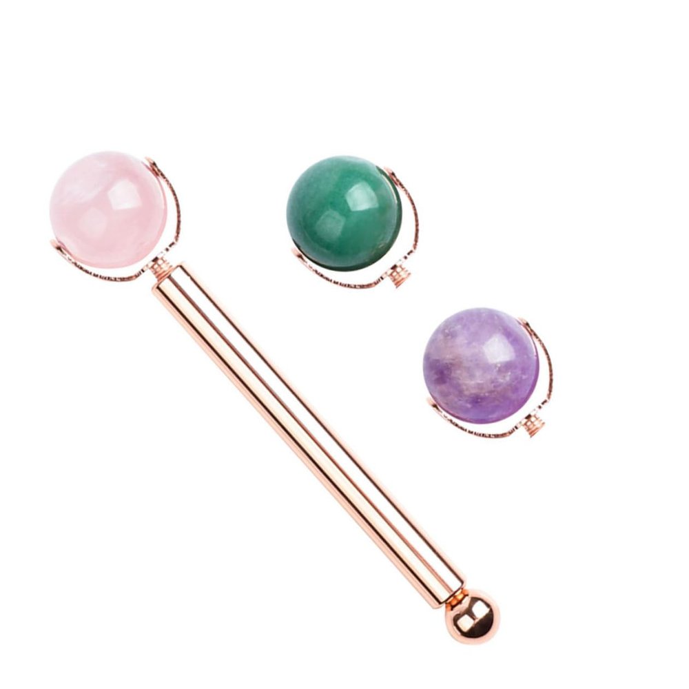 COOLHIYA Natural Jade Face Roller Massager with Replacement Roll Beads and Roller Bar Lightweight Skin Care Massage Tool for Puffiness Relief and Facial Muscle Training Portable for Travel