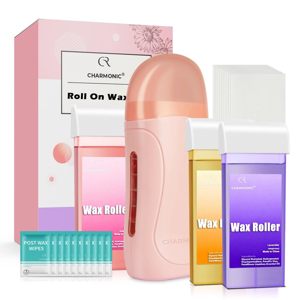 Roll On Wax Kit, Portable Wax Roller Kit for Coarse/Fine Hair Removal, Beginners Waxing Roller for All Skin Types with 3 Pcs 100g Roll Cartridge, 100 Non-Woven Strips & 10 After Oil Wipes (F1_Pink)