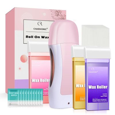 Roll On Wax Kit, Portable Wax Roller Kit for Coarse/Fine Hair Removal, Beginners Waxing Roller for All Skin Types with 3 Pcs 100g Roll Cartridge, 100 Woven Strips & 10 After Oil Wipes (F3_LightPink)