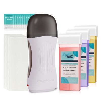 Roll On Wax Kit, Portable Wax Roller Kit for Coarse/Fine Hair Removal, Beginners Waxing Roller for All Skin Types with 3 Pcs 100g Roll Cartridge, 100 Non-Woven Strips & 10 After Oil Wipes (F8_White)
