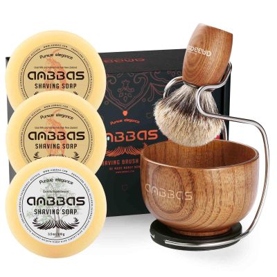 Anbbas Badger Hair Shaving Brush with Wood Handle,Large Soap Bowl,Stainless Steel Shaving Stand and 10.5 oz Natural Shaving Soap Puck Refill for Men