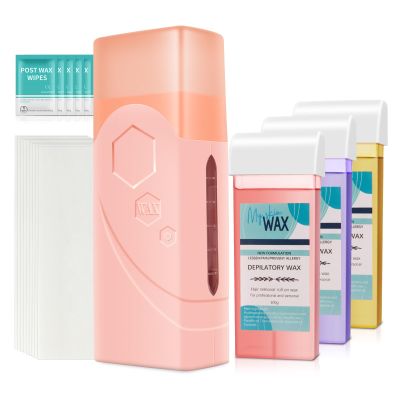 Roll On Wax Kit, Portable Wax Roller Kit for Coarse/Fine Hair Removal, Beginners Waxing Roller for All Skin Types with 3 Pcs 100g Roll Cartridge, 100 Non-Woven Strips & 10 After Oil Wipes (F0_Pink)