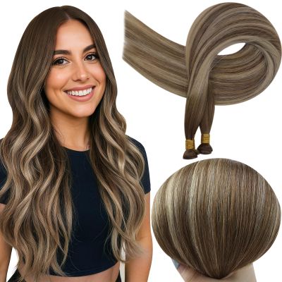 Full Shine Hand Tied Weft Hair Extensions Human Hair, 18 Inch 100G, Genius Weft Hair Extensions, Color Medium Brown Fading To Honey Blonde Highlight Medium Brown, Hair Extensions Sew In, Add Volume