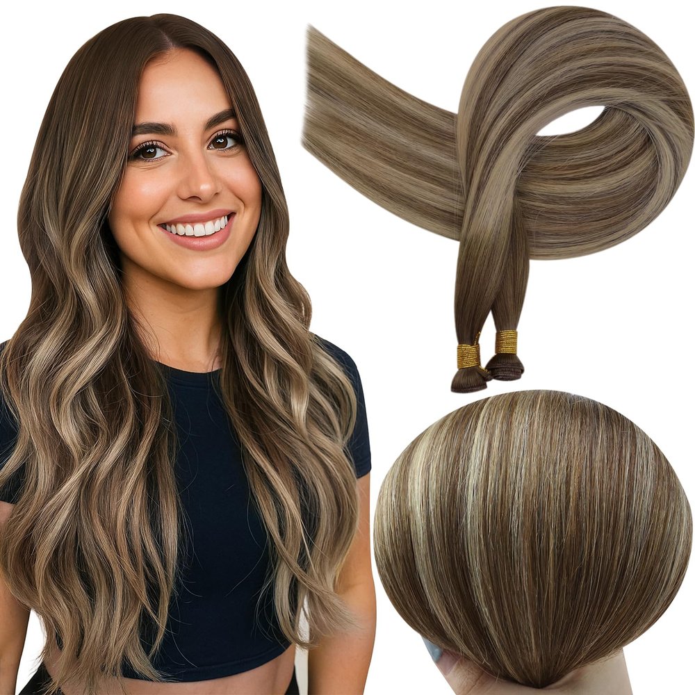 Full Shine Hand Tied Weft Hair Extensions Human Hair, 18 Inch 100G, Genius Weft Hair Extensions, Color Medium Brown Fading To Honey Blonde Highlight Medium Brown, Hair Extensions Sew In, Add Volume