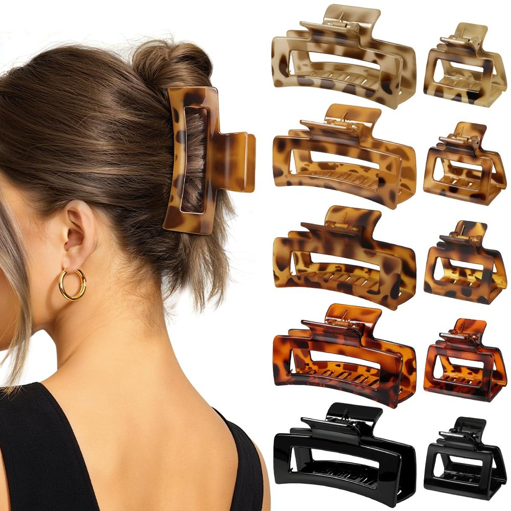 10 Pack Square Claw Clips, Big and Small Rectangle Hair Claw Clips, Non-slip Matte Large Hair Clips for Women, Strong Hold Claw Clips for Thick Thin Hair Accessories (Leopard Print Color)
