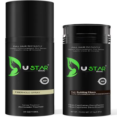 USTAR Hair Fibers for Thinning Hair, Keratin Hair Building Fibers 27.5g and Holding Spray 118ml for Bald Spot Cover Up (Dark Brown)