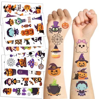 10 Halloween cartoon tattoo stickers, cute mini images of witches, pumpkins, cats, spiders, ghosts, suitable for filling gifts for boys and girls' birthday parties