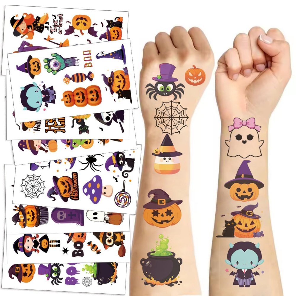 10 Halloween cartoon tattoo stickers, cute mini images of witches, pumpkins, cats, spiders, ghosts, suitable for filling gifts for boys and girls' birthday parties