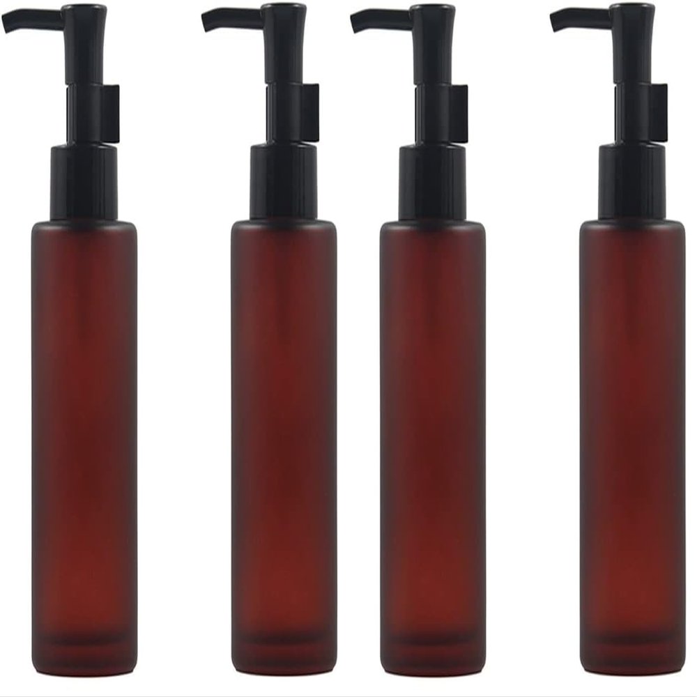 2PCS 100ml/3.4oz Empty Refillable Amber Frosted Glass Lotion Pump Press Bottles Soap Dispensers Containers Jars with Black Pumps for Lotion Liquid Makeup Removel Oil Shampoo (Pack of 2)