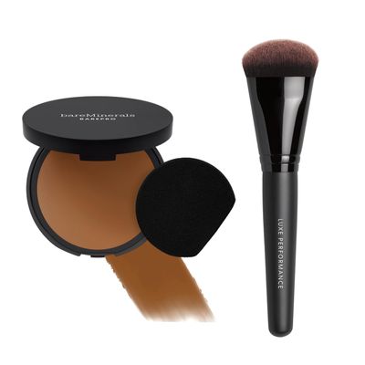 bareMinerals Barepro 24HR Skin-Perfecting Matte Powder Foundation + Luxe Performance Synthetic Face Brush for Flawless Coverage Bundle