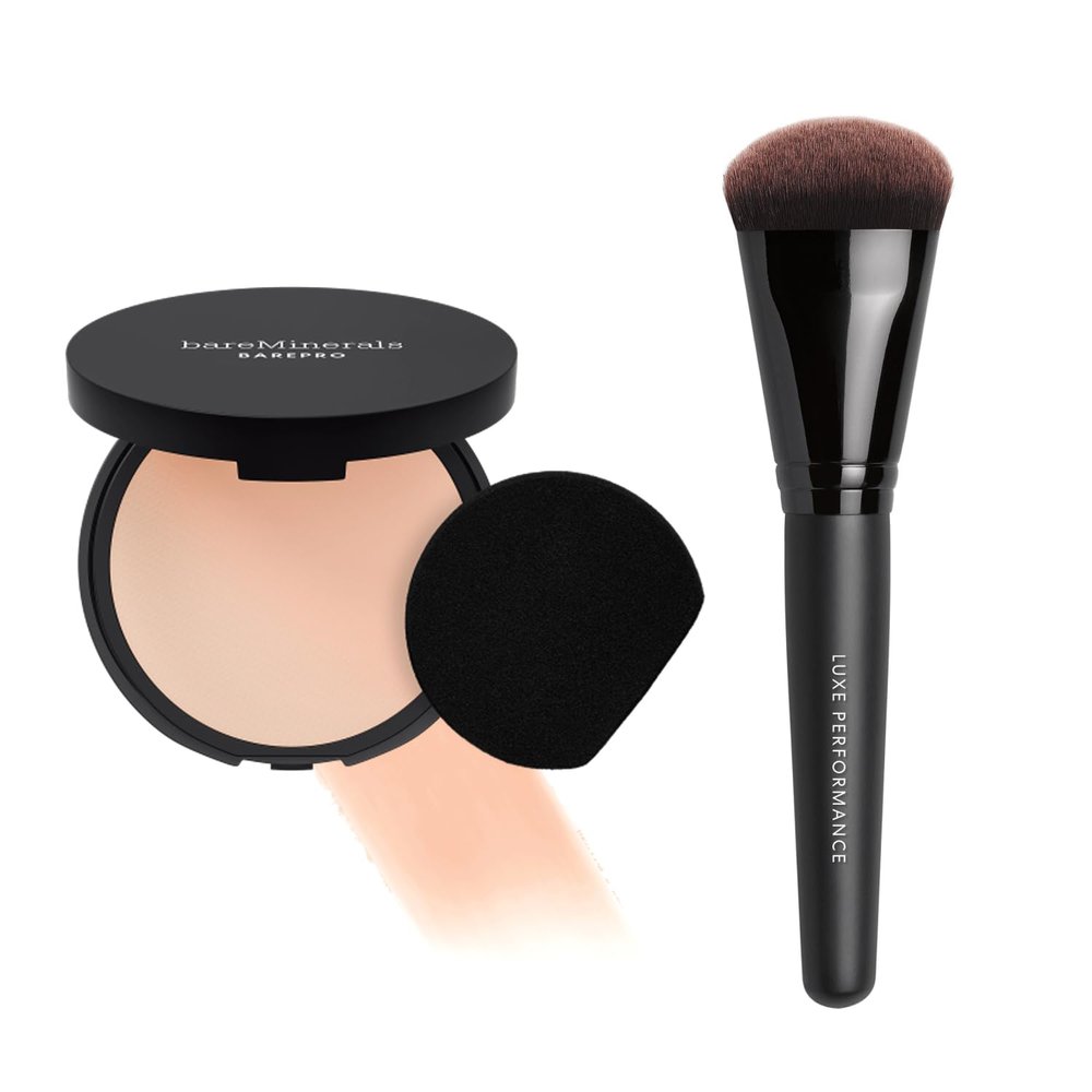bareMinerals Barepro 24HR Skin-Perfecting Matte Powder Foundation + Luxe Performance Synthetic Face Brush for Flawless Coverage Bundle