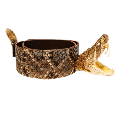 1.25" Real Texas Western Rattlesnake Hat Band with Open Mouth Head & Rattle: Black Leather Backing