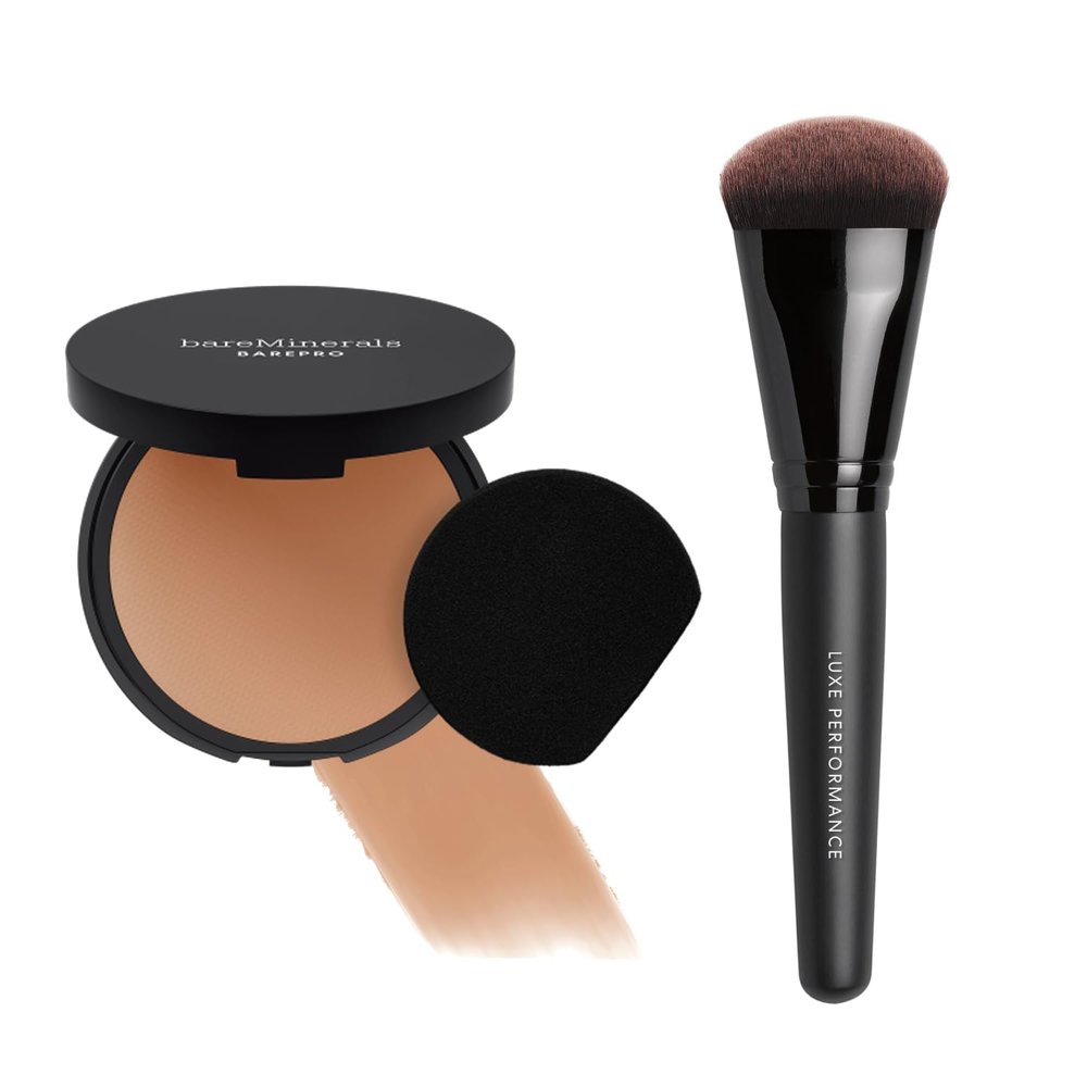 bareMinerals Barepro 24HR Skin-Perfecting Matte Powder Foundation + Luxe Performance Synthetic Face Brush for Flawless Coverage Bundle