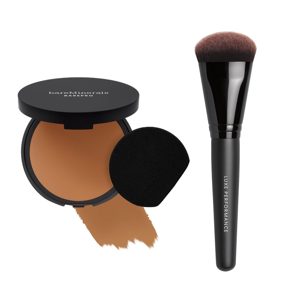 bareMinerals Barepro 24HR Skin-Perfecting Matte Powder Foundation + Luxe Performance Synthetic Face Brush for Flawless Coverage Bundle
