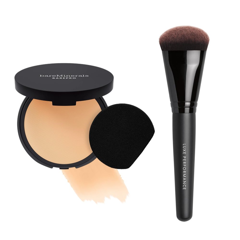 bareMinerals Barepro 24HR Skin-Perfecting Matte Powder Foundation + Luxe Performance Synthetic Face Brush for Flawless Coverage Bundle
