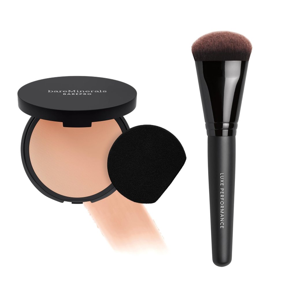 bareMinerals Barepro 24HR Skin-Perfecting Matte Powder Foundation + Luxe Performance Synthetic Face Brush for Flawless Coverage Bundle