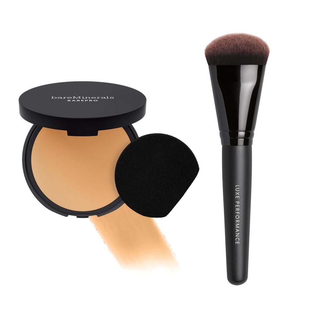 bareMinerals Barepro 24HR Skin-Perfecting Matte Powder Foundation + Luxe Performance Synthetic Face Brush for Flawless Coverage Bundle