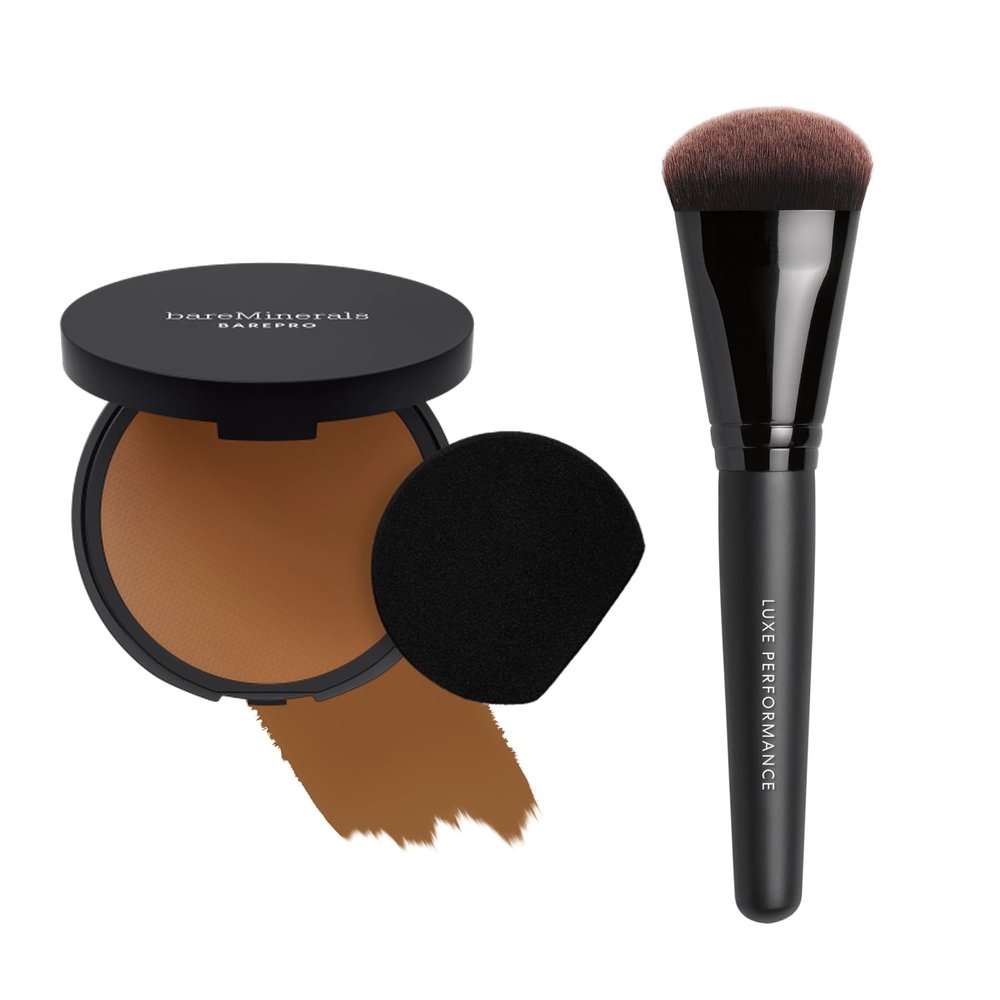 bareMinerals Barepro 24HR Skin-Perfecting Matte Powder Foundation + Luxe Performance Synthetic Face Brush for Flawless Coverage Bundle