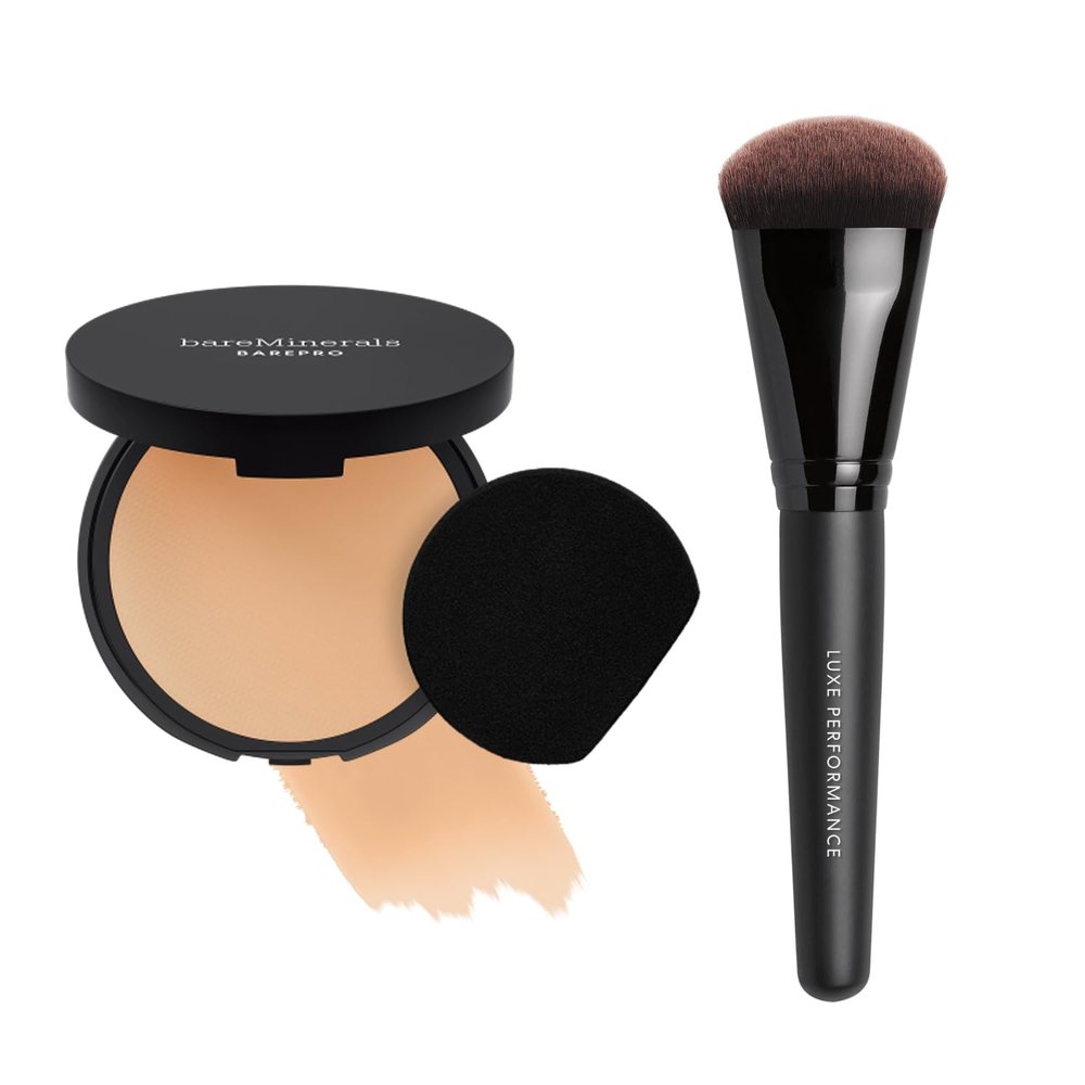 bareMinerals Barepro 24HR Skin-Perfecting Matte Powder Foundation + Luxe Performance Synthetic Face Brush for Flawless Coverage Bundle