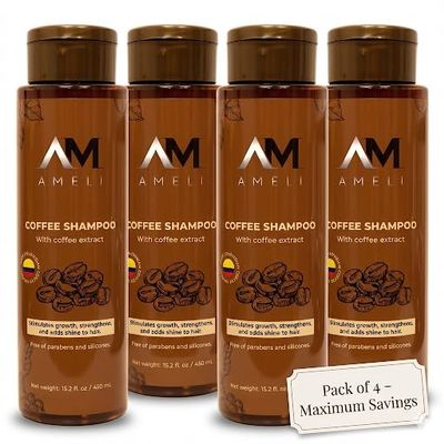 AM AMELI 4-Pack Coffee & Caf Caffeine Shampoo Family Size Set for Growth & Shine, Paraben & Silicone-Free, Hair Vitality Support, 415.2 fl oz