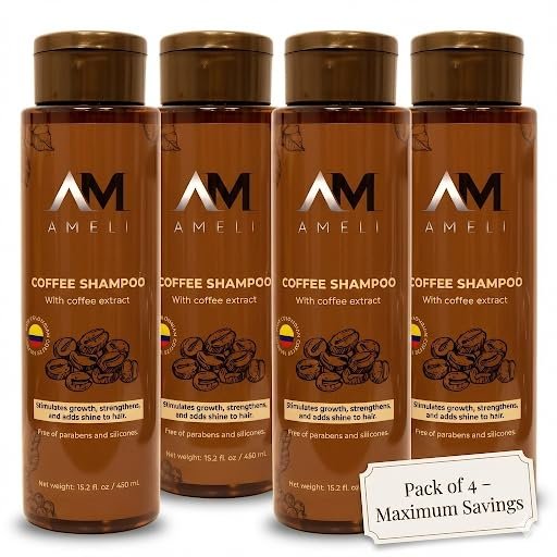 AM AMELI 4-Pack Coffee & Caf Caffeine Shampoo Family Size Set for Growth & Shine, Paraben & Silicone-Free, Hair Vitality Support, 415.2 fl oz