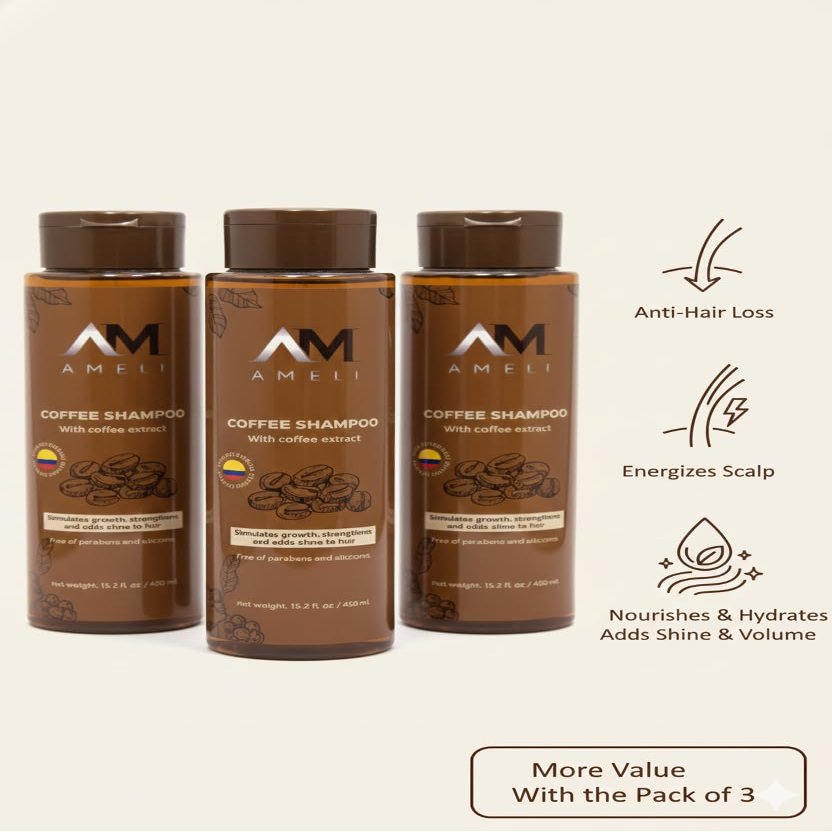 AM AMELI 3-Pack Coffee & Caf Caffeine Shampoo Hair Support Bundle for Growth & Shine, Paraben & Silicone-Free, Thinning Hair, 315.2 fl oz