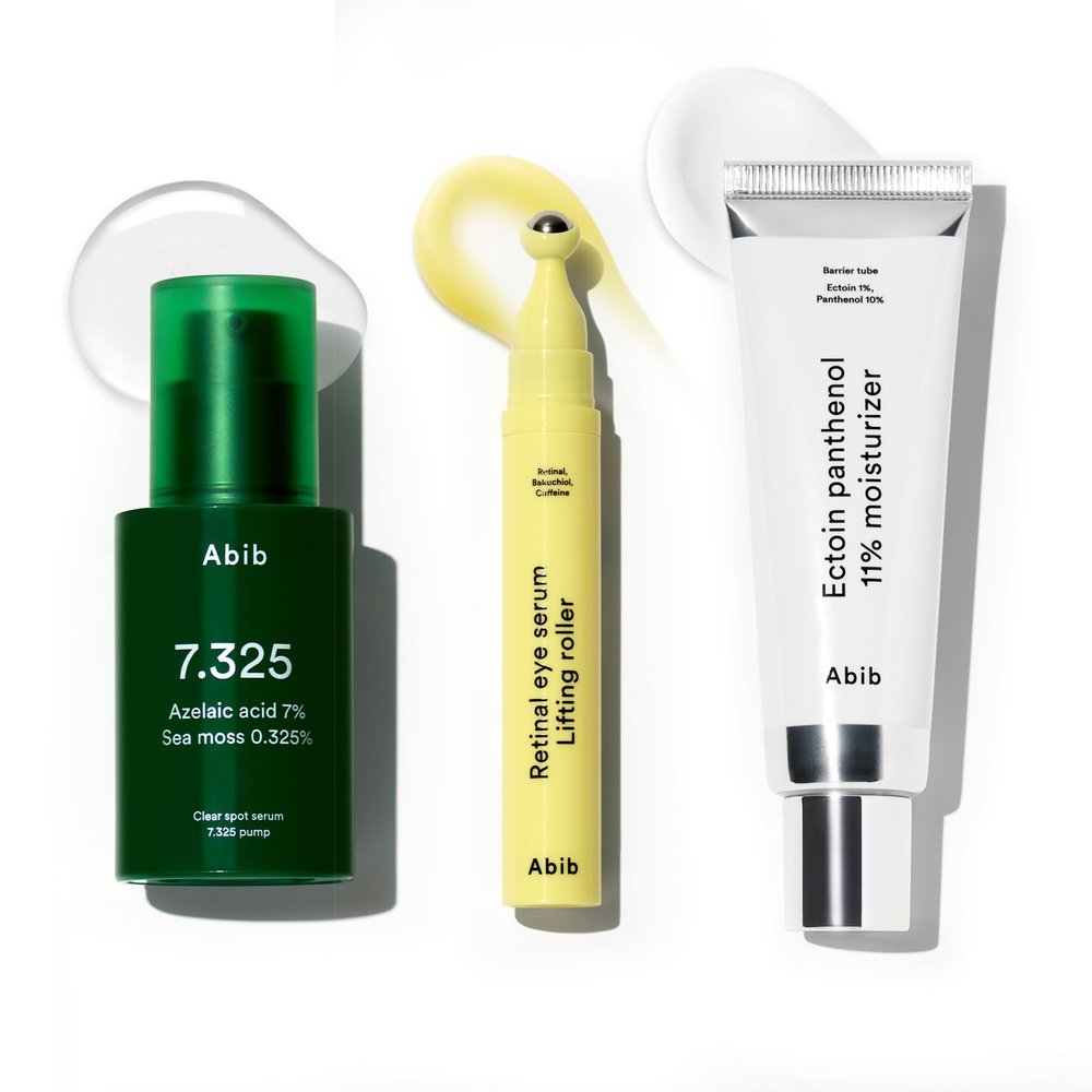 Abib Skincare Curation Set  Retinal Eye Serum Roller, Clear Spot Serum with Azelaic Acid, Ectoin Panthenol Moisturizer  Korean Skincare