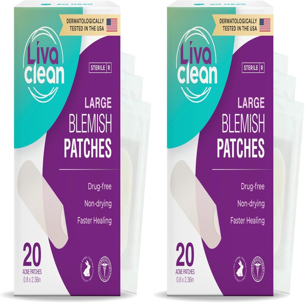 LivaClean 20 CT Large Hydrocolloid Acne Patches - for Pore Spots Nose Face Cystic Pimple Zit Patch - Big Pimple Patches Hydrocolloid Bandages Strips (Pack of 2)