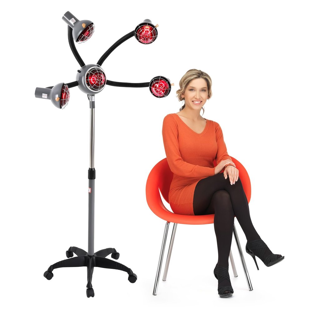 5 Head Infrared Light Heat Therapy Red Lamp, Salon Hair Steamer Perming Dyeing Adjustable Height Machine with Rolling Wheels, Heat Lamp Red Light for Perming Dyeing All Hair Styling Needs