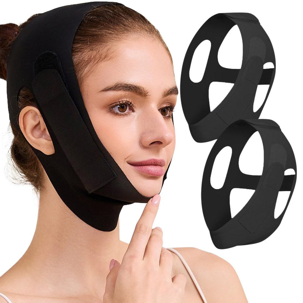 2 Pack Face Slimming Strap, Double Chin Reducer Band, Graphene V-Line Mask Chin Up Mask V Shaped Face Mask Chin strap for sleeping, V-Line Lifting Mask for Women, Medium, Black and Black