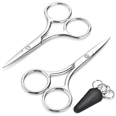 2-Pack Small Scissors, Professional Eyebrow & Facial Hair Scissors - Stainless Steel Precision Grooming Kit for Women & Men | 3.5 Straight Tip for Eyebrows, Beard, Nose, Mustache & Ear Hair Scissors