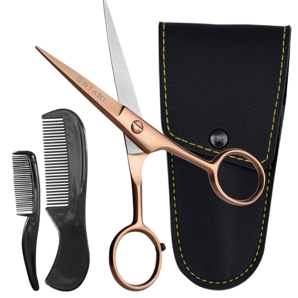 Ontaki 5" Beard & Mustache Scissor with Combs for Men - Rose Gold