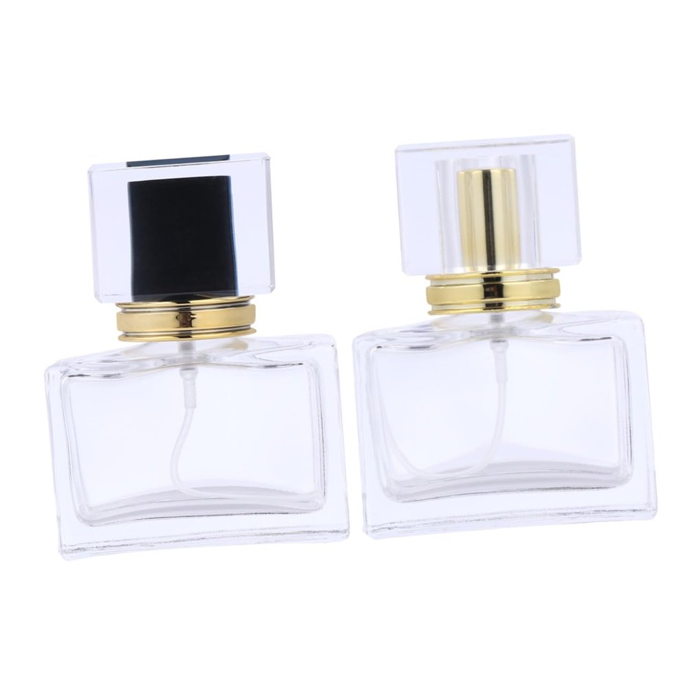 ETHZZLE 2Pcs Square Glass Perfume Bottles Refillable Portable Cosmetic Dispensers Compact Travel Essential Oil Containers Elegant Golden and Black Liquid Sprayers for Outdoors