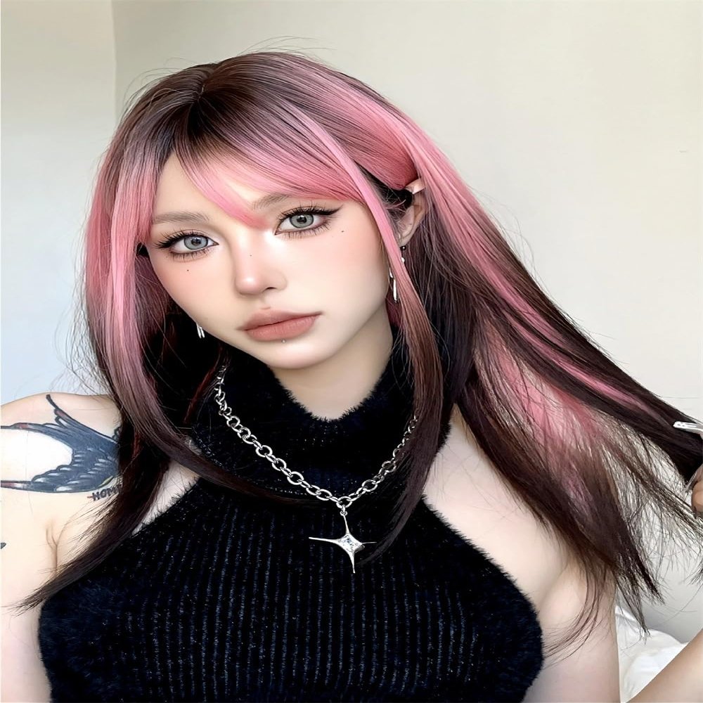YukiHalolj Long Wig for Women - Pink to Brown Ombre Synthetic Hair with Bangs, Straight Style for Daily Use