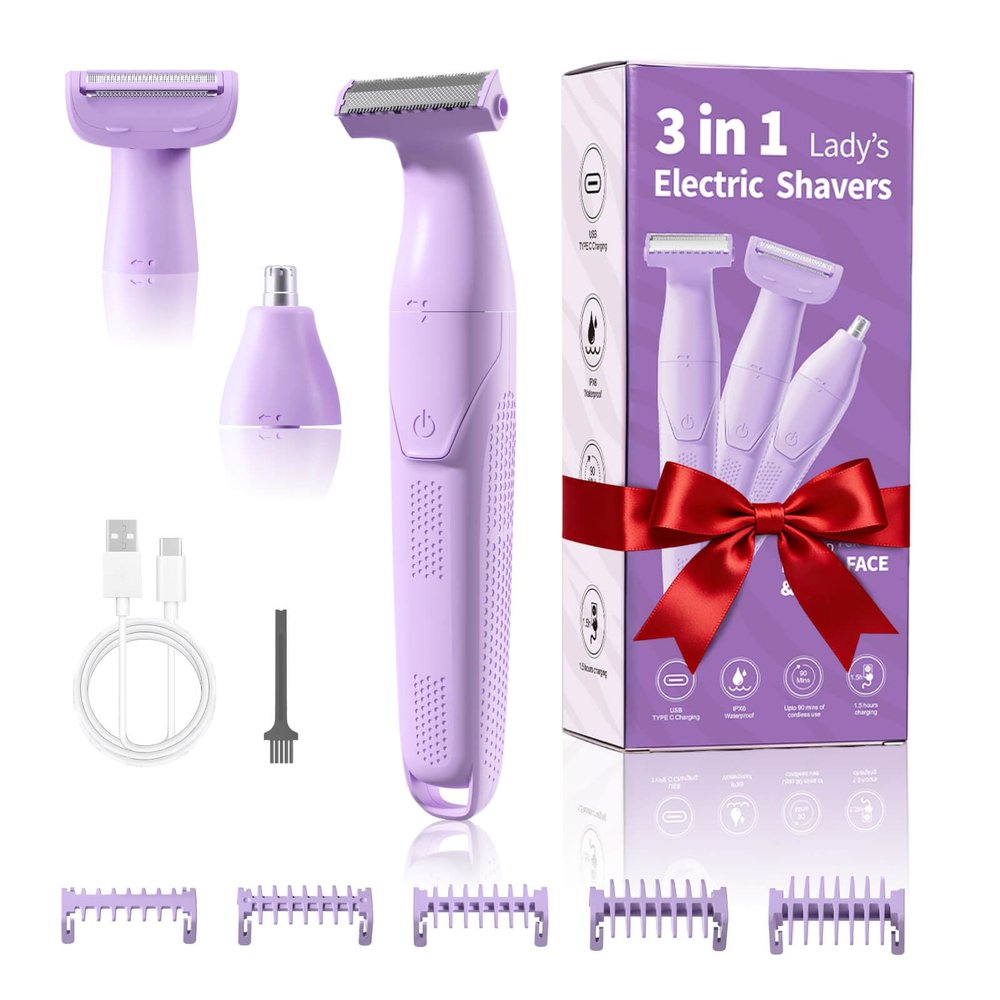 UNIMIKO Bikini Trimmer for Women, 3-in-1 Painless Womens Electric Razors & Pubic Hair Trimmer, Waterproof Womens Shaver with Ceramic Blades, USB Rechargeable Lady Groomer for Legs Underarm Face,Pink
