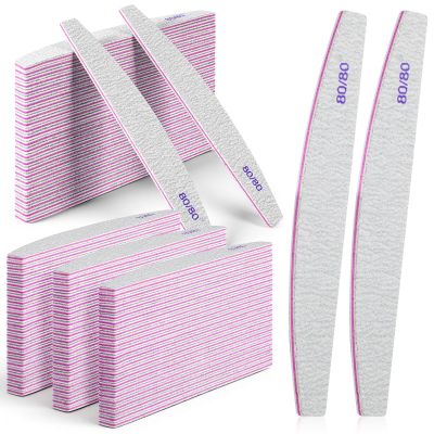 100 Pack Nail Files 80/80 Grit Double Sided Washable Emery Board Coarse Nail File 80 Grits Reusable Curved Coarse for Acrylic Natural Toenails Reusable Washable Manicure