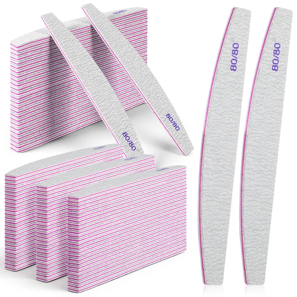 100 Pack Nail Files 80/80 Grit Double Sided Washable Emery Board Coarse Nail File 80 Grits Reusable Curved Coarse for Acrylic Natural Toenails Reusable Washable Manicure
