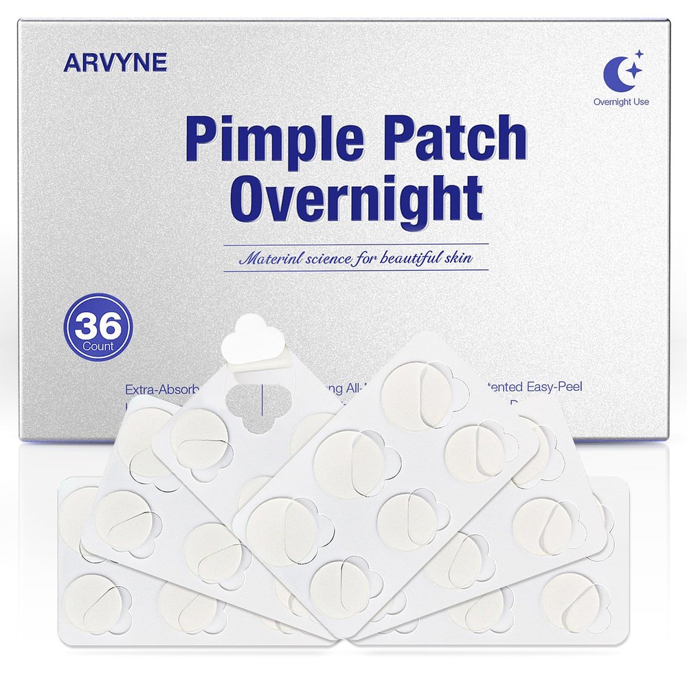 arvyne Overnight Pimple Patches 1.5X Thicker Hydrocolloid Acne Zit Patches for Face, All-Night Adhesion, Max Absorbency, Easy-Peel Design, Skin-Friendly, Korean Skin Care, 2 Size 36 Count