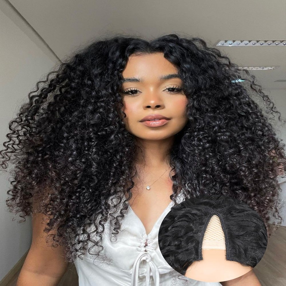 Urbeauty V Part Burmese Curly Wig for Black Women, Glueless Protein Silk Synthetic Upgraded U Part Wigs Soft Natural Human Hair Feel, Lightweight Beginner Friendly Upart, Daily Wear/Time-Saving Vpart