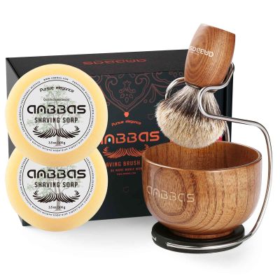 Anbbas Badger Hair Shaving Brush with Wood Handle,Large Soap Bowl,Stainless Steel Shaving Stand and 7oz Natural Shaving Soap Puck Refill for Men