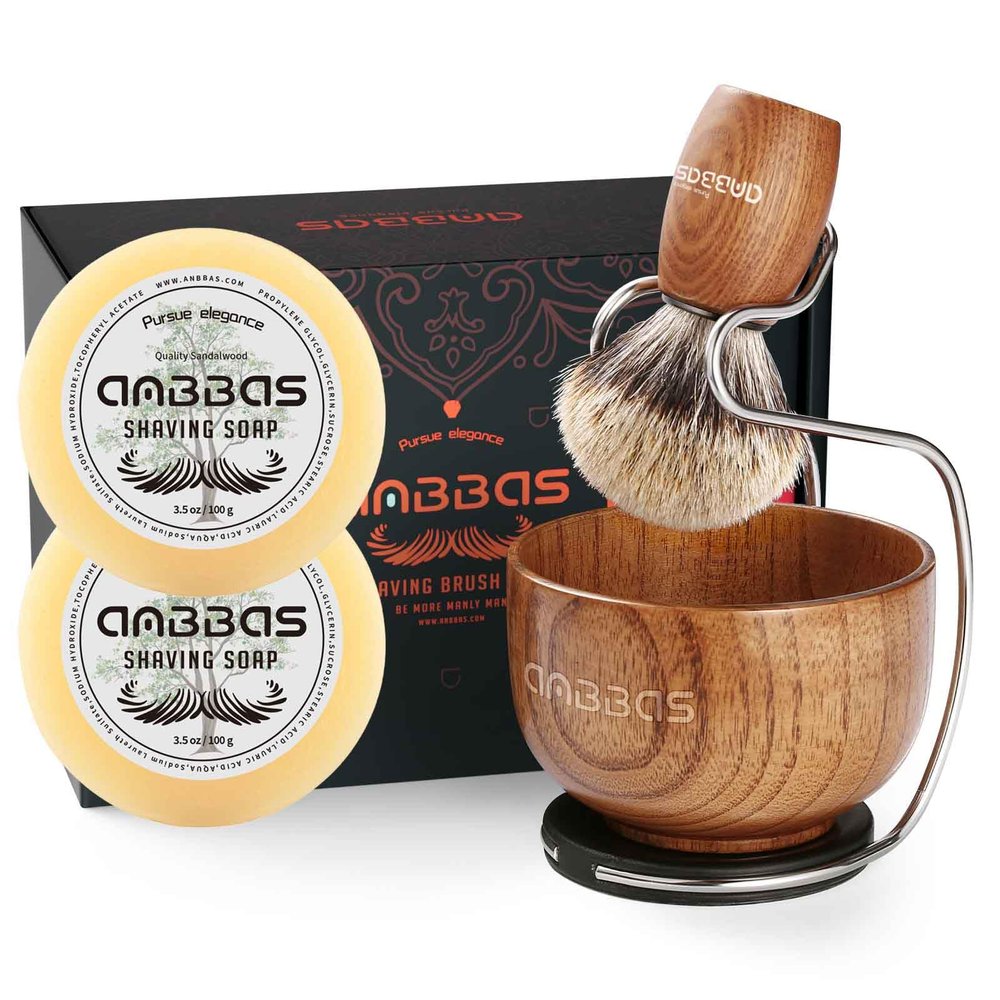 Anbbas Badger Hair Shaving Brush with Wood Handle,Large Soap Bowl,Stainless Steel Shaving Stand and 7oz Natural Shaving Soap Puck Refill for Men