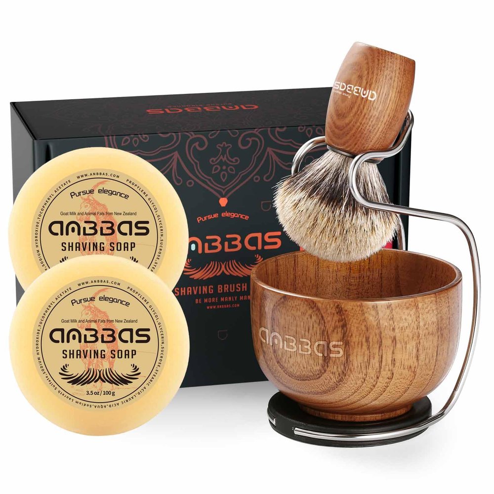 Anbbas Badger Hair Shaving Brush with Wood Handle,Large Soap Bowl,Stainless Steel Shaving Stand and 7oz Natural Shaving Soap Puck Refill for Men