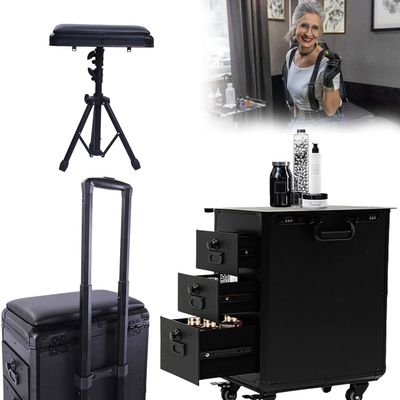 zhenmaster Mobile Tattoo Workstation With 3 Drawers And Adjustable Handle, Professional Makeup Rolling Trolley Case With Combination Lock, Salon Storage Box For Artists, Black