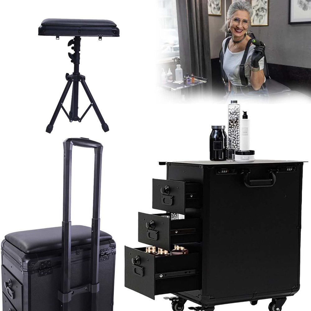 zhenmaster Mobile Tattoo Workstation With 3 Drawers And Adjustable Handle, Professional Makeup Rolling Trolley Case With Combination Lock, Salon Storage Box For Artists, Black